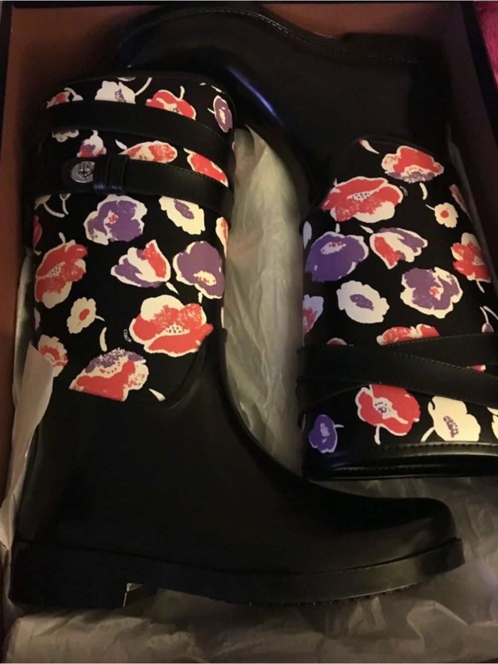Coach Black Floral Rain Boots with Red & Purple Blossoms